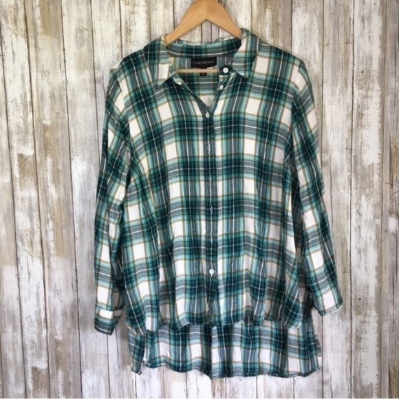 Lane Bryant No Peak Button Front Green Plaid Boyfriend Top - Picture 2 of 4